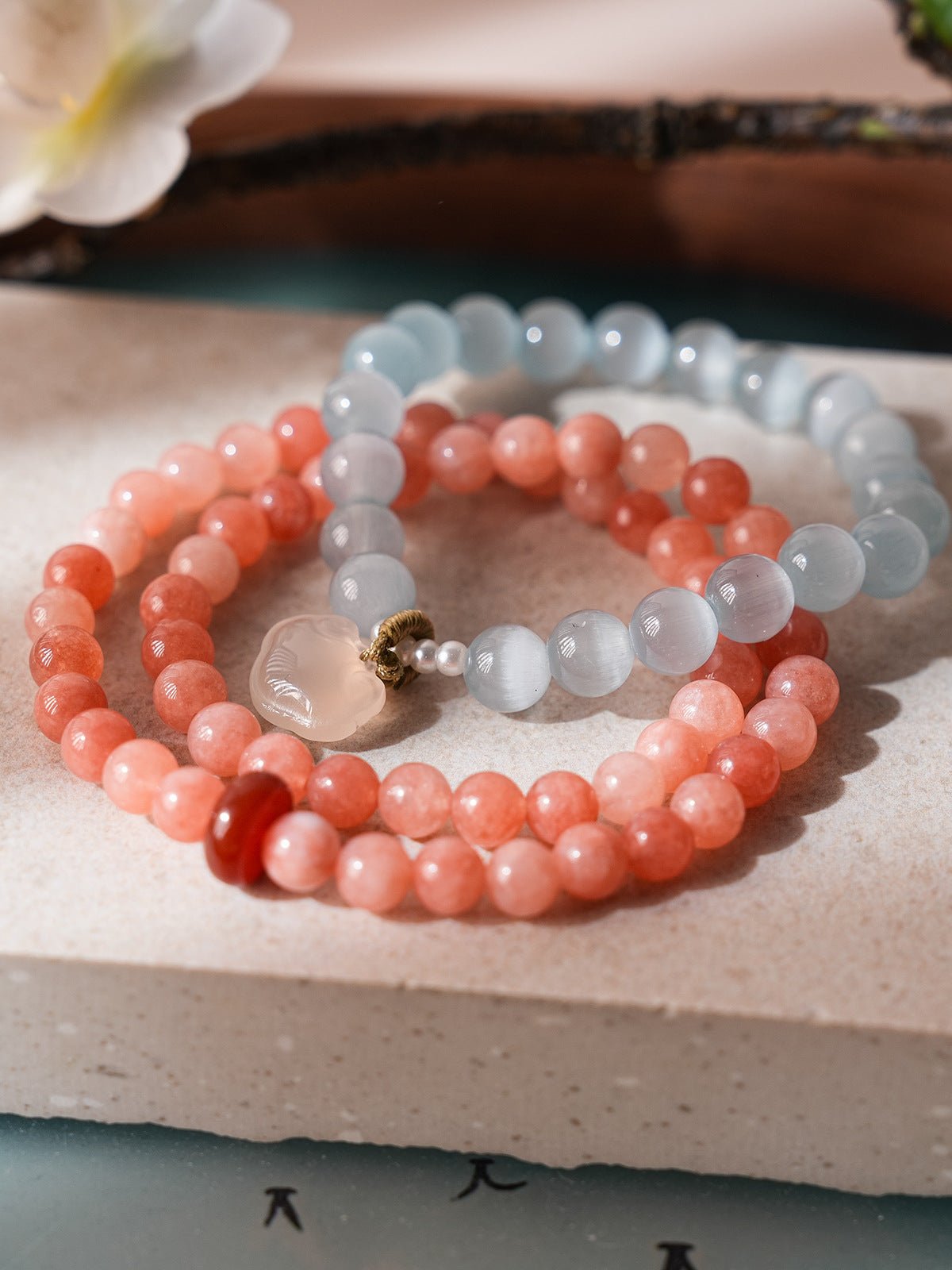 Blush & Aqua Agate Bracelet Set with Cloud Charm - Lunaire Jewelry