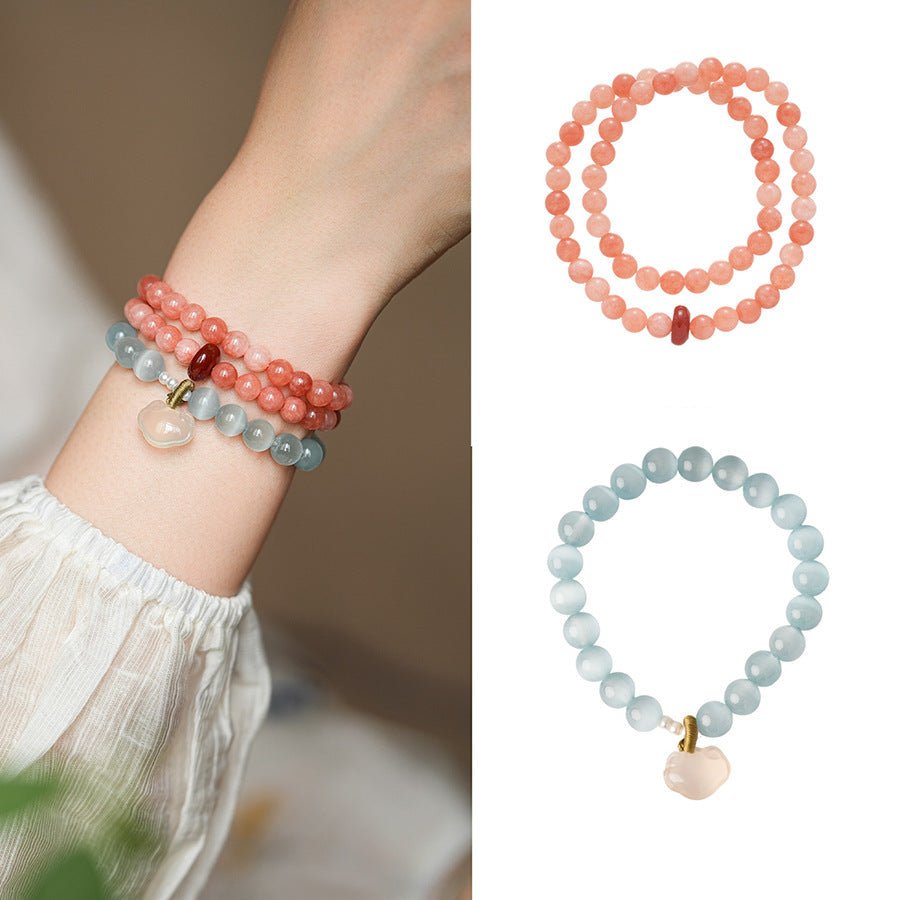 Blush & Aqua Agate Bracelet Set with Cloud Charm - Lunaire Jewelry