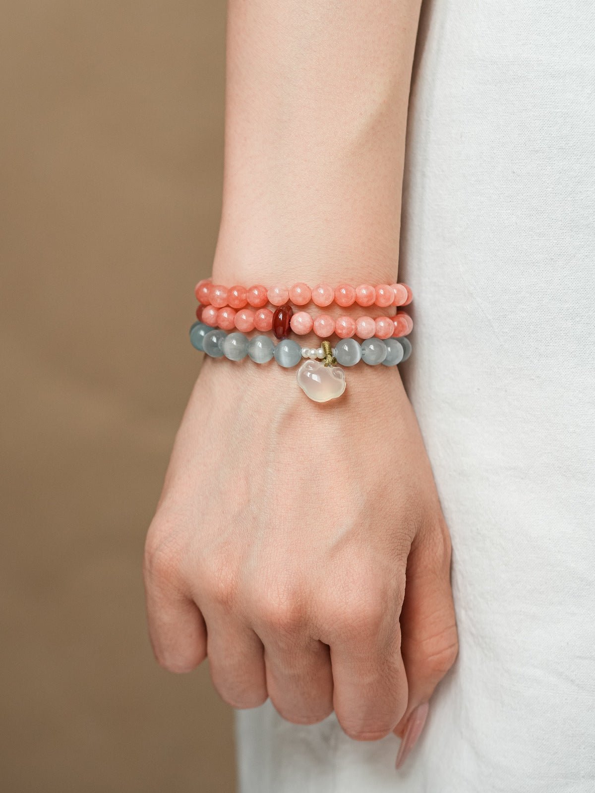 Blush & Aqua Agate Bracelet Set with Cloud Charm - Lunaire Jewelry