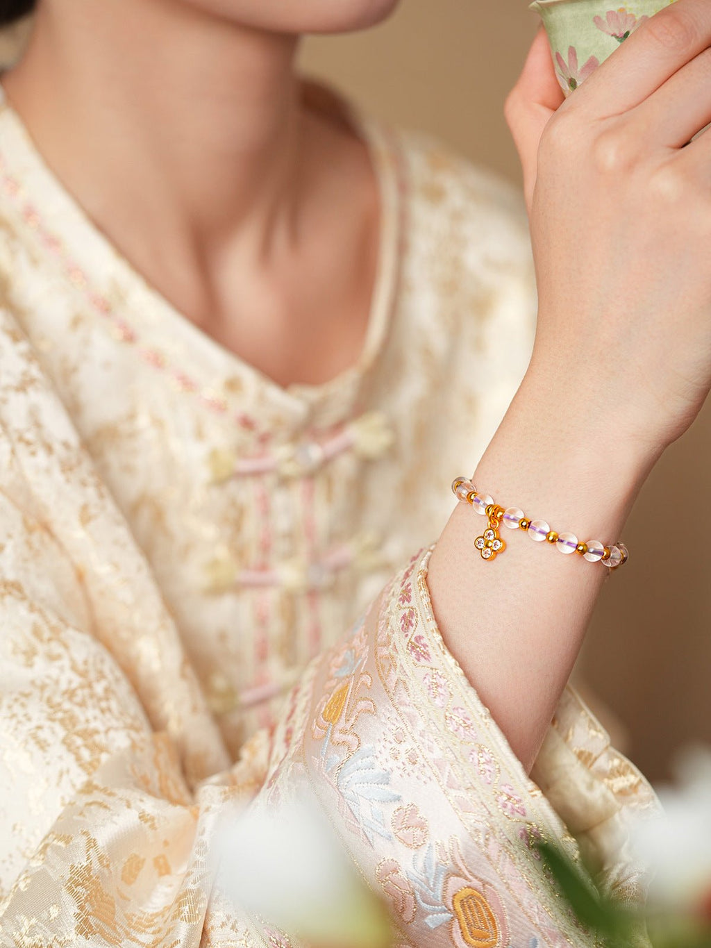 Blush & Lavender Crystal Bracelet Set with Clover Charm - Lunaire Jewelry