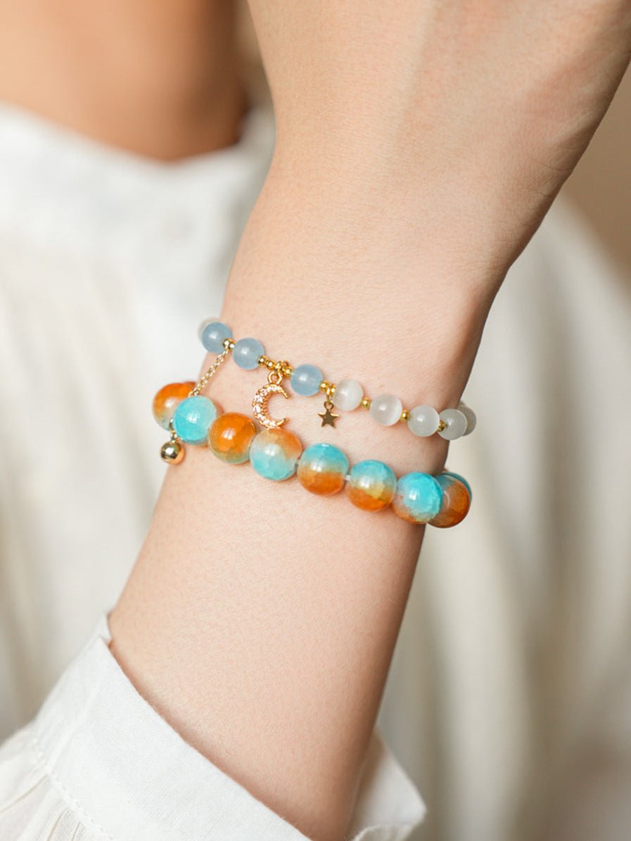 Celestial Moon & Star Zircon & Glass Bead Bracelet Set - Lunaire Jewelry