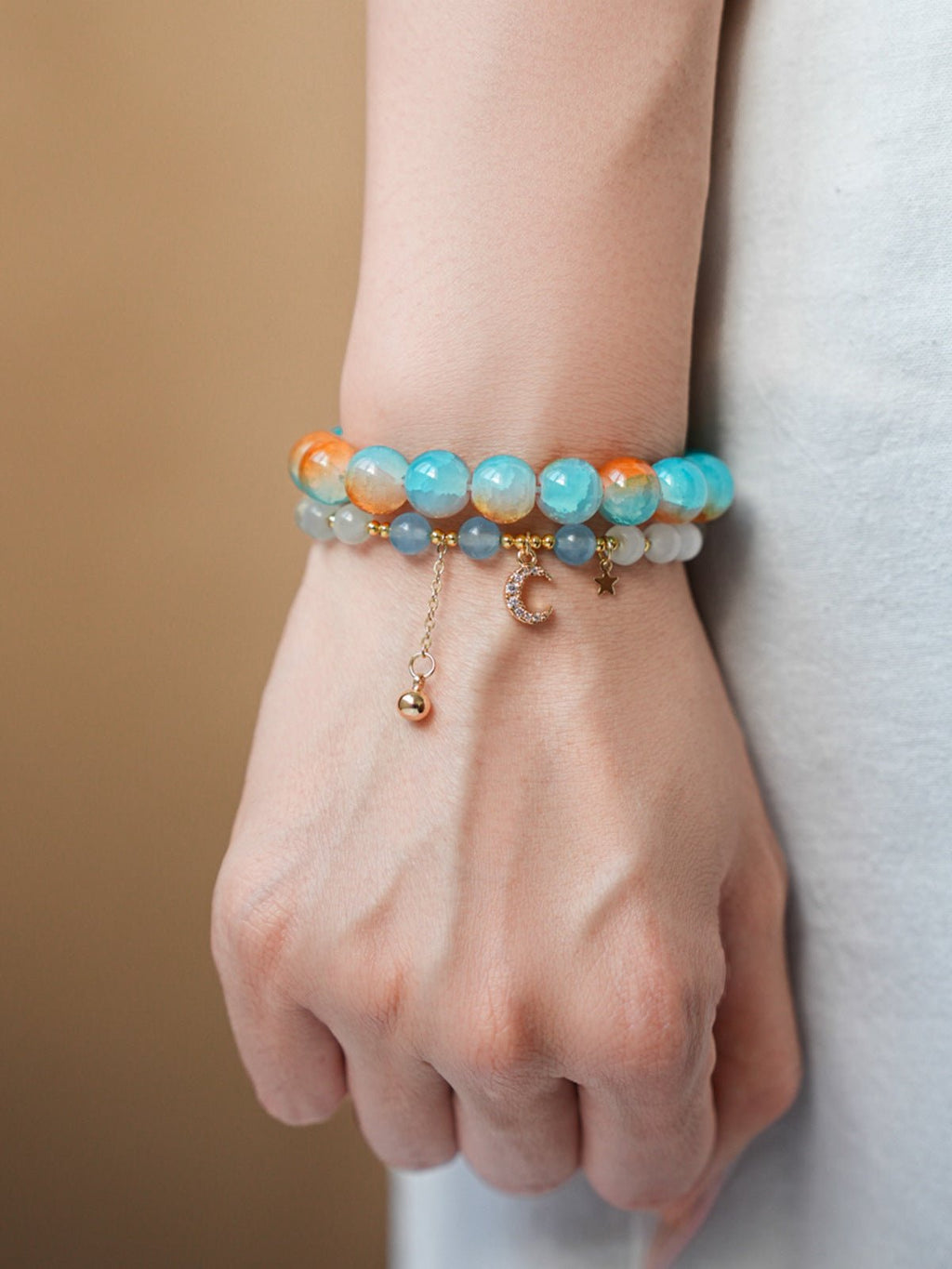 Celestial Moon & Star Zircon & Glass Bead Bracelet Set - Lunaire Jewelry