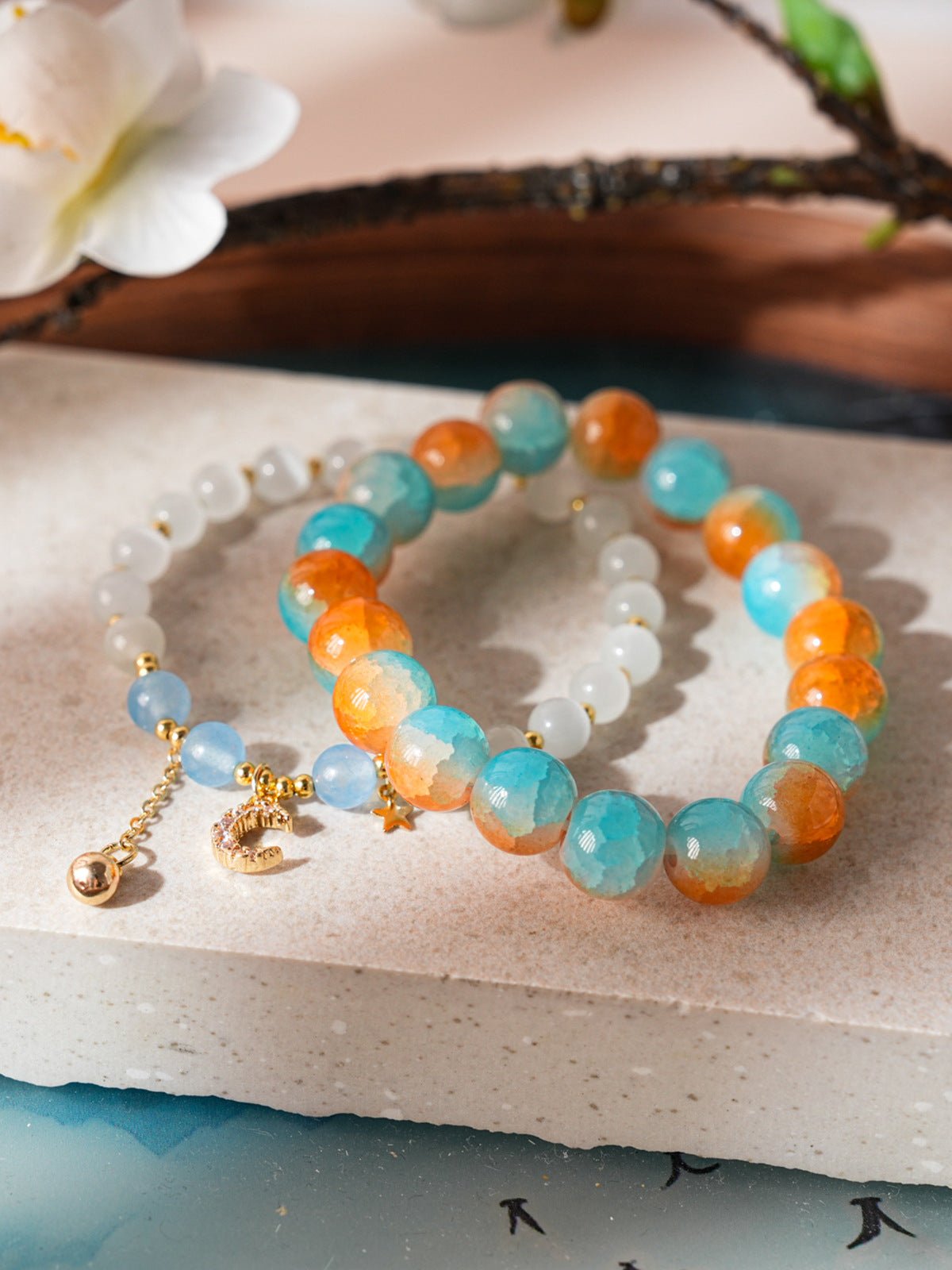 Celestial Moon & Star Zircon & Glass Bead Bracelet Set - Lunaire Jewelry