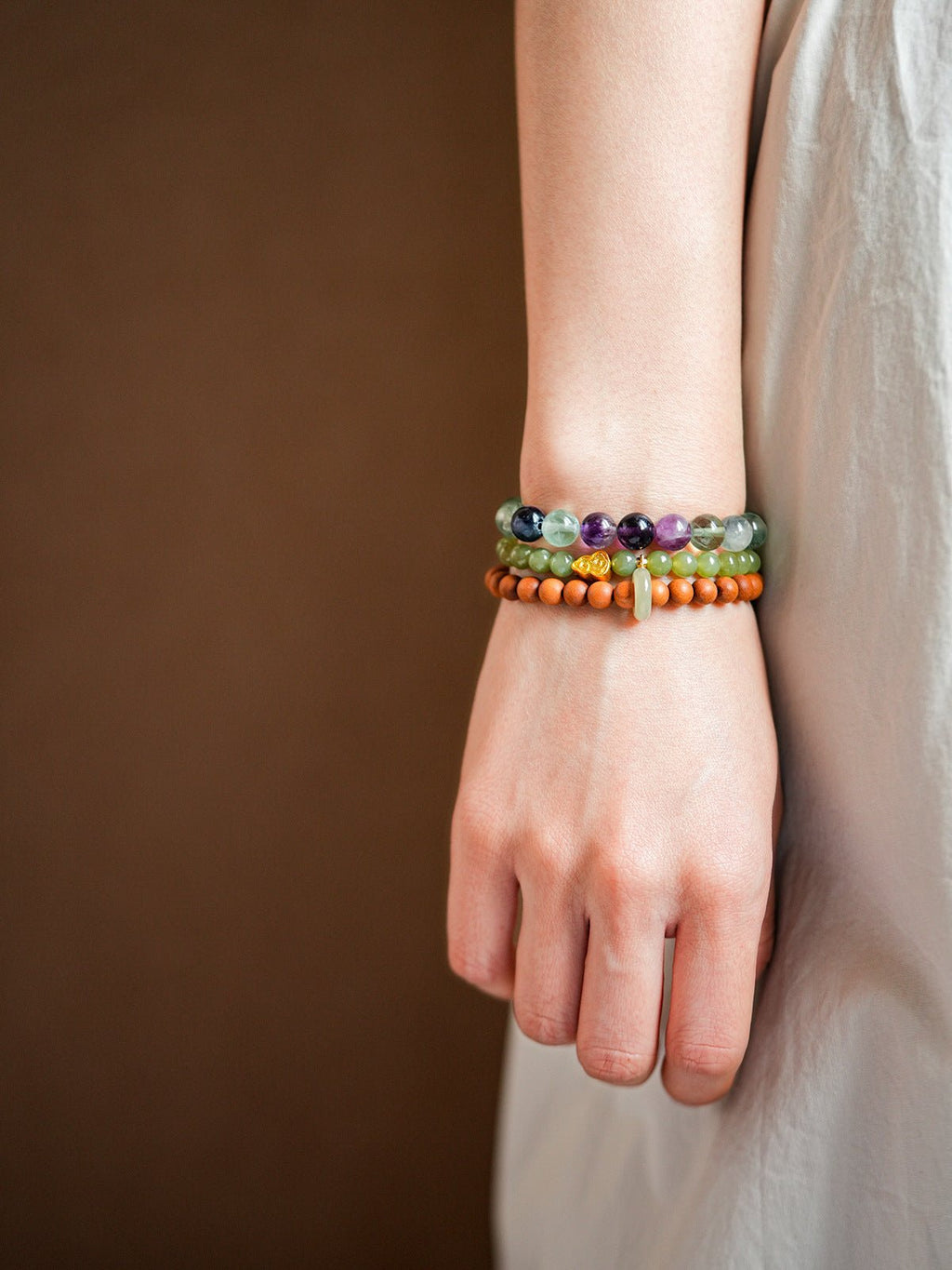 Earthly Serenity Fluorite & Rosewood Bracelet Set - Lunaire Jewelry