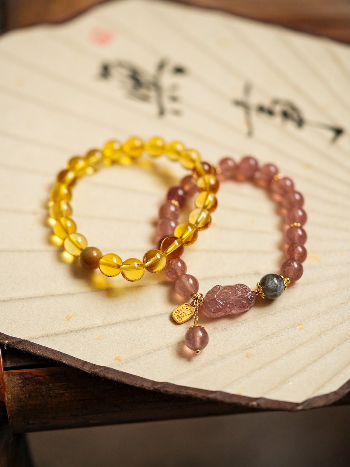 Golden Citrine & Strawberry Quartz Wealth Pixiu Bracelet Set - Lunaire Jewelry
