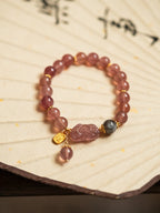 Golden Citrine & Strawberry Quartz Wealth Pixiu Bracelet Set - Lunaire Jewelry