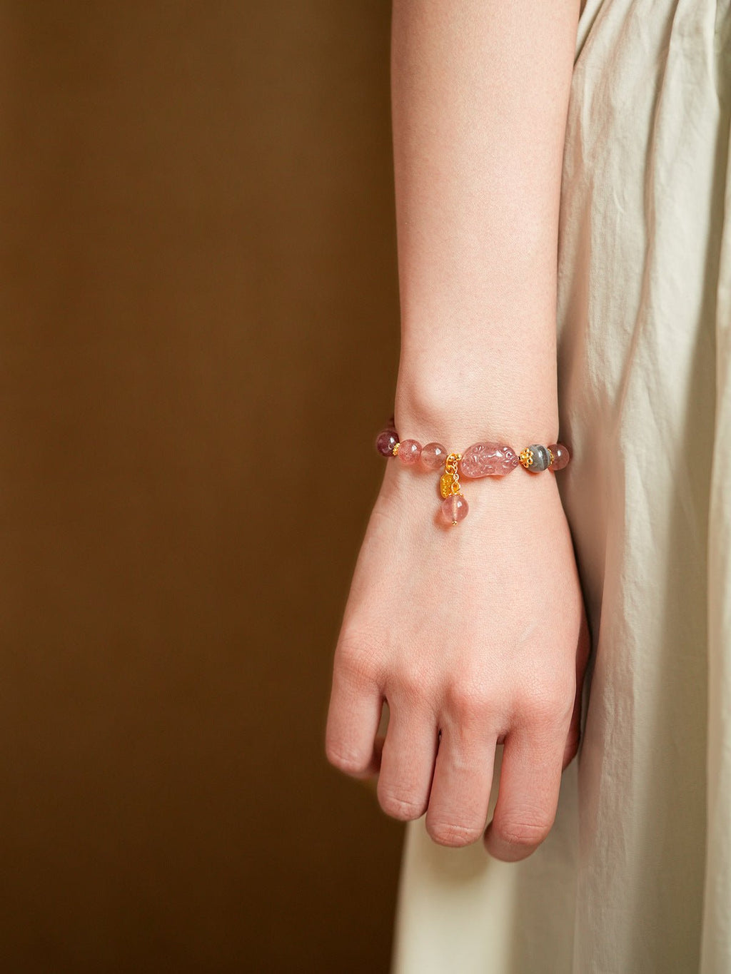 Golden Citrine & Strawberry Quartz Wealth Pixiu Bracelet Set - Lunaire Jewelry