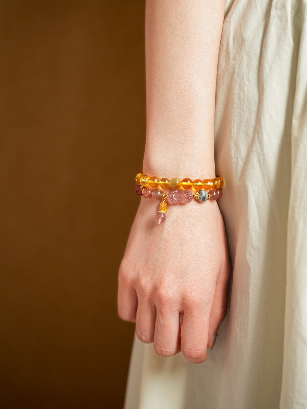 Golden Citrine & Strawberry Quartz Wealth Pixiu Bracelet Set - Lunaire Jewelry