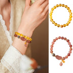 Golden Citrine & Strawberry Quartz Wealth Pixiu Bracelet Set - Lunaire Jewelry