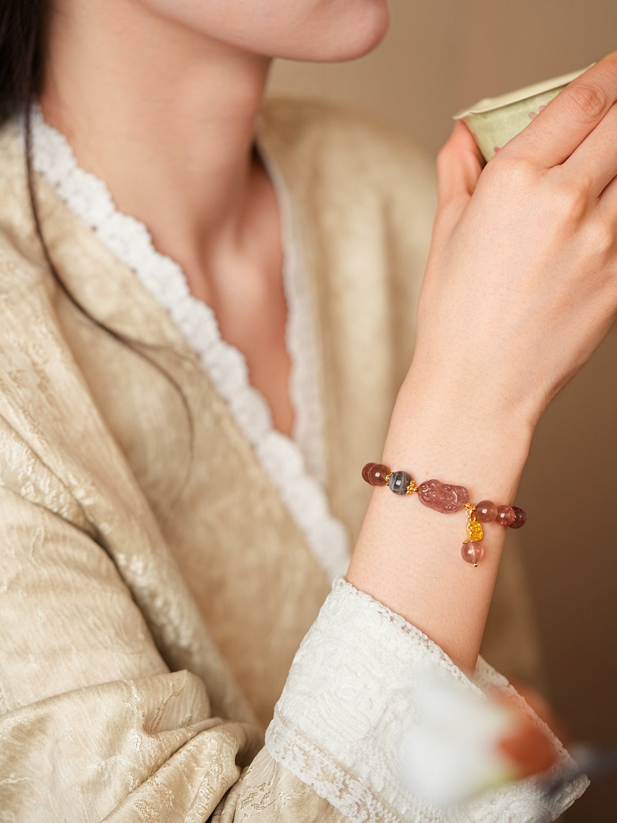 Golden Citrine & Strawberry Quartz Wealth Pixiu Bracelet Set - Lunaire Jewelry