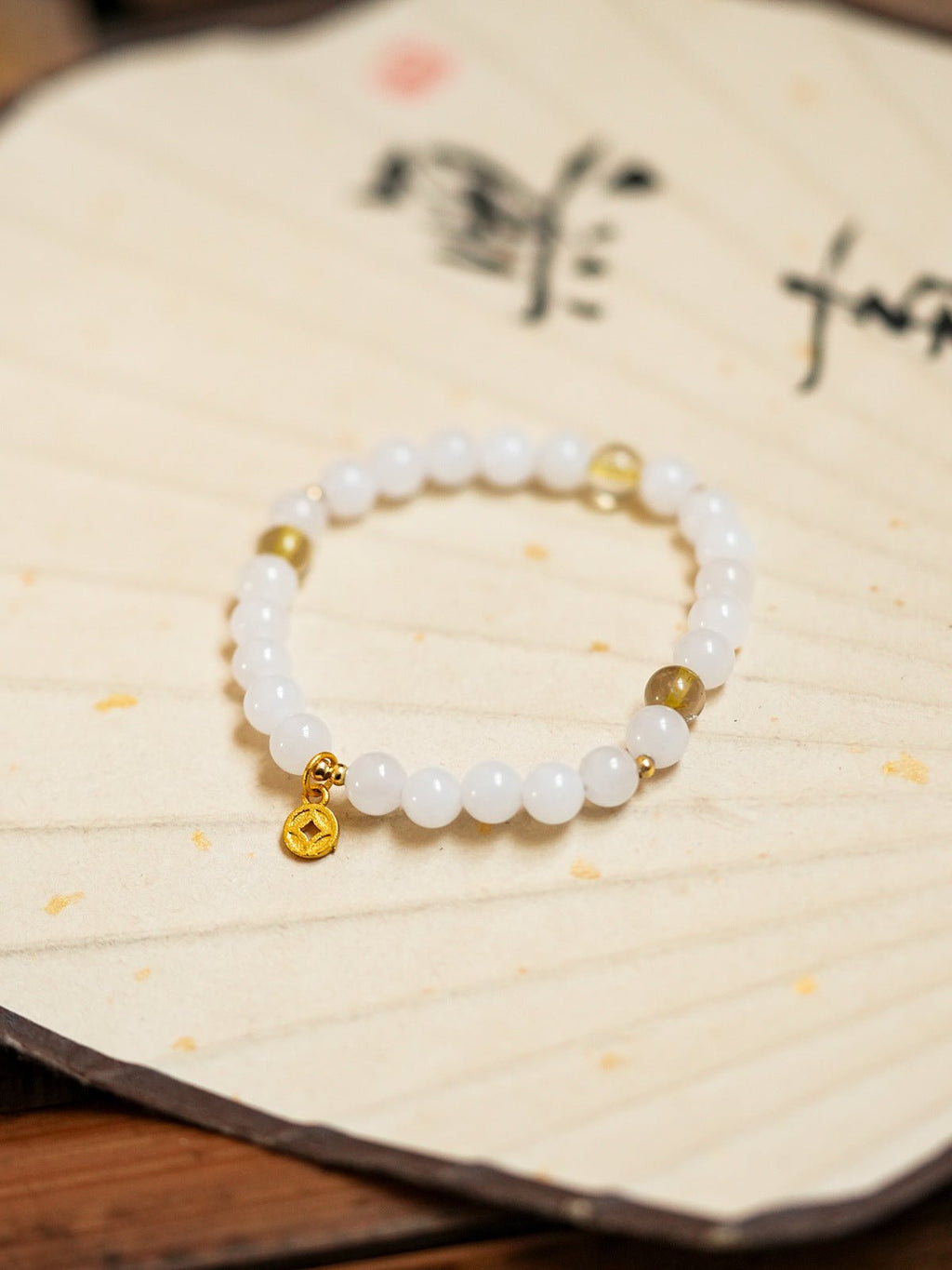 Prosperity White Marble Crystal Bracelet with Gold Coin Charm - Lunaire Jewelry