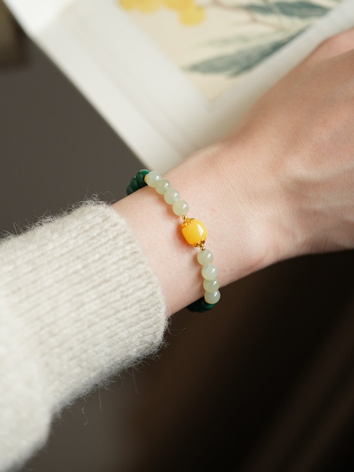 Serene Harmony Malachite, Jade & Aquamarine Crystal Bracelet Set - Lunaire Jewelry