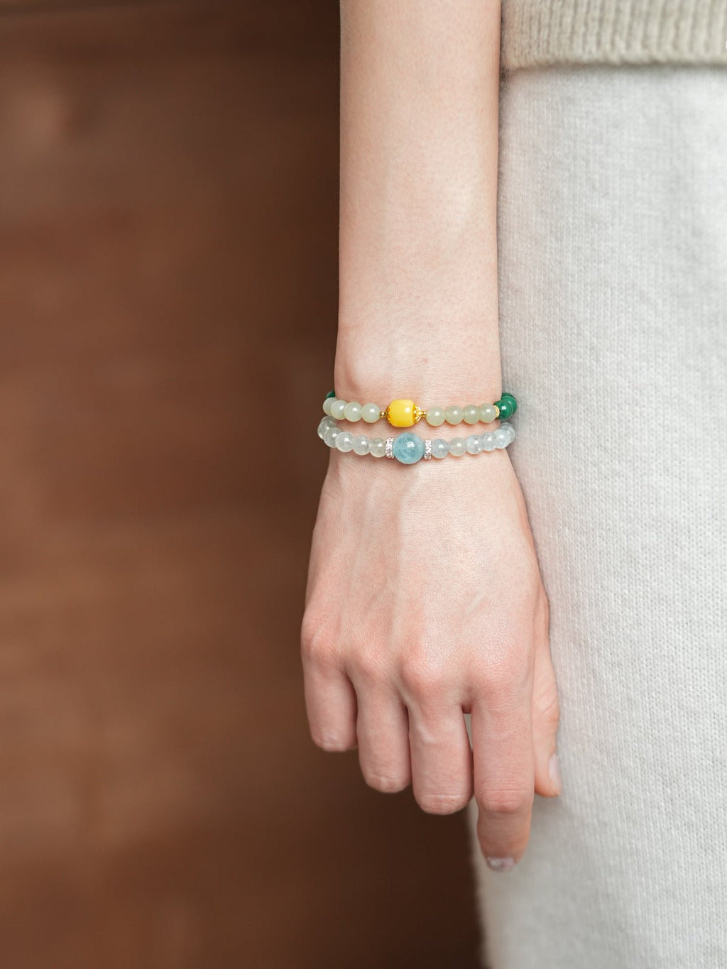 Serene Harmony Malachite, Jade & Aquamarine Crystal Bracelet Set - Lunaire Jewelry