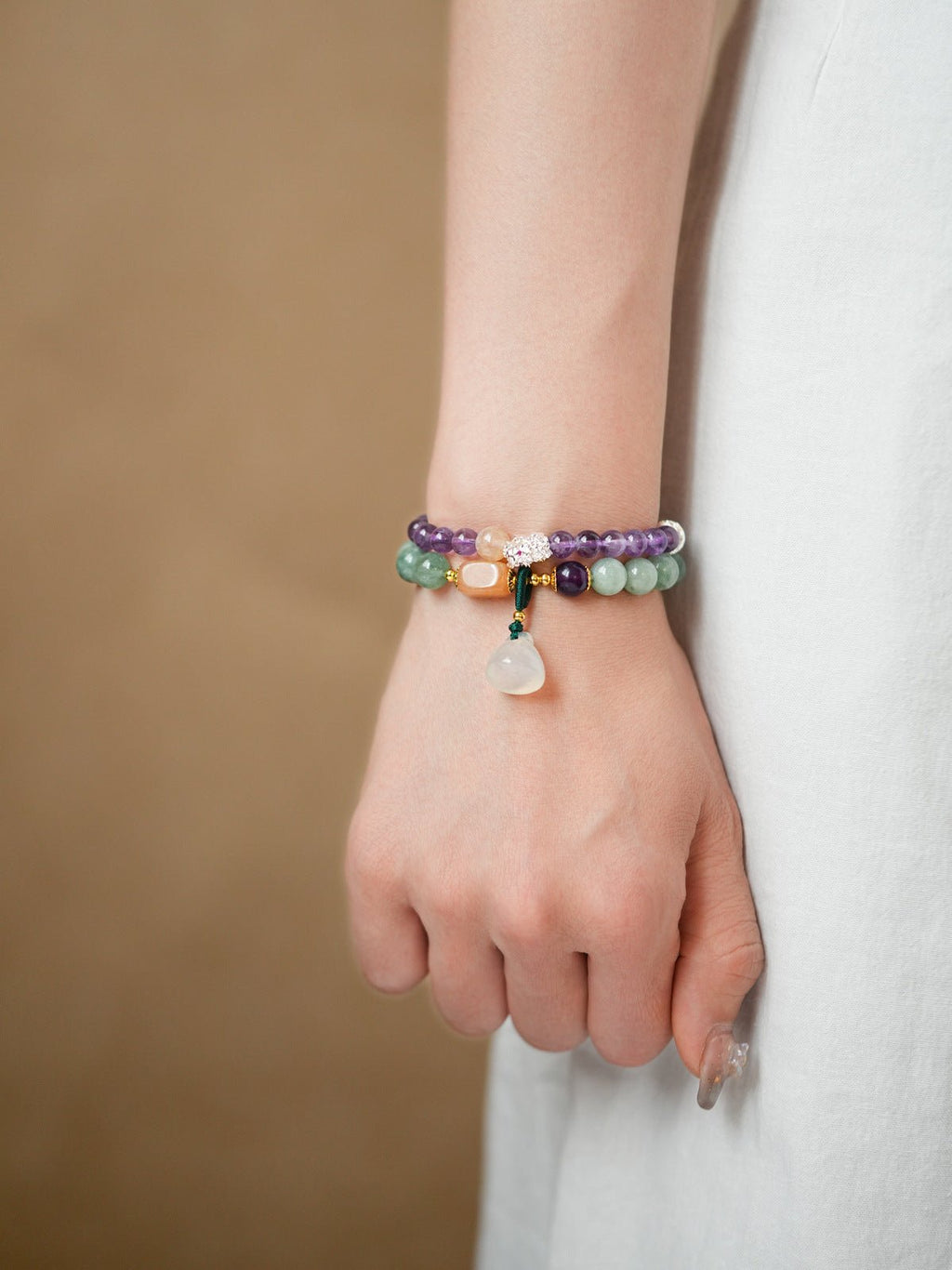 Serene Lotus Chalcedony & Amethyst Bracelet Set - Lunaire Jewelry