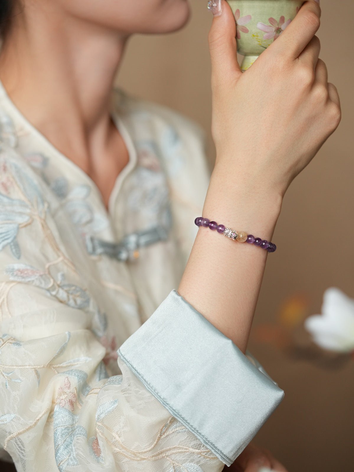 Serene Lotus Chalcedony & Amethyst Bracelet Set - Lunaire Jewelry
