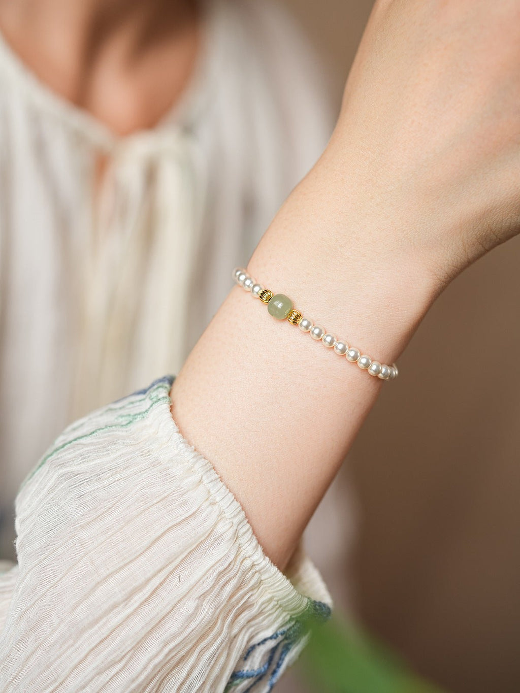 Serene Pearl & Cinnabar Bracelet Set with Jade Charm - Lunaire Jewelry