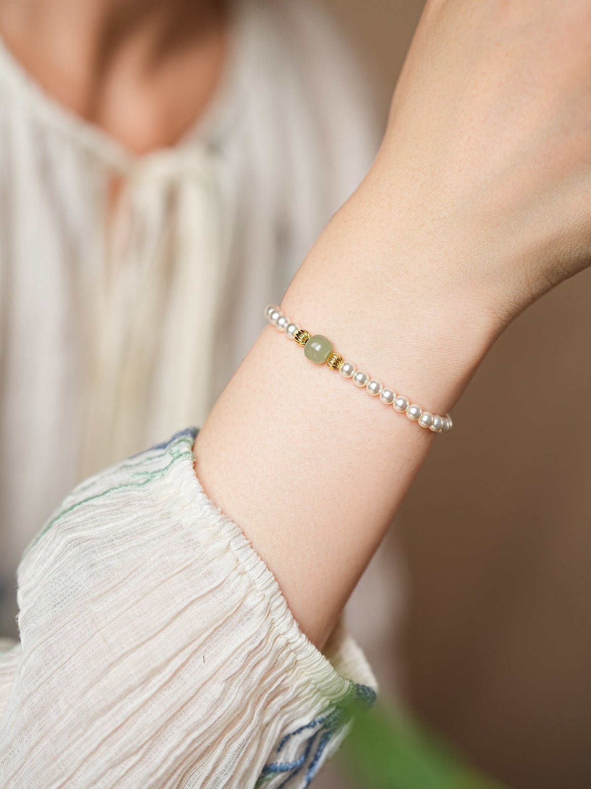 Serene Pearl & Cinnabar Bracelet Set with Jade Charm - Lunaire Jewelry