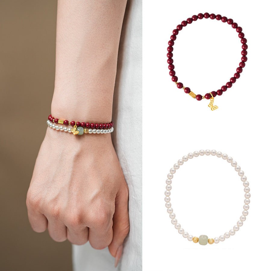 Serene Pearl & Cinnabar Bracelet Set with Jade Charm - Lunaire Jewelry