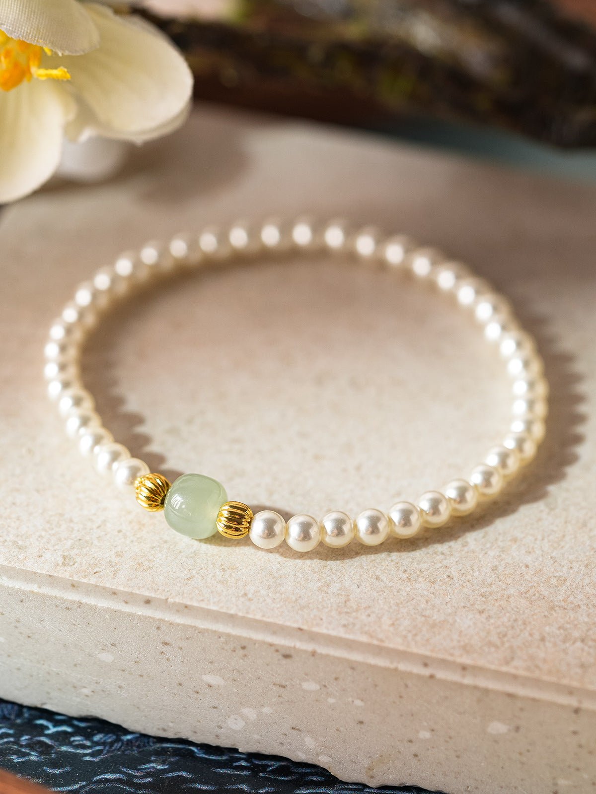 Serene Pearl & Cinnabar Bracelet Set with Jade Charm - Lunaire Jewelry
