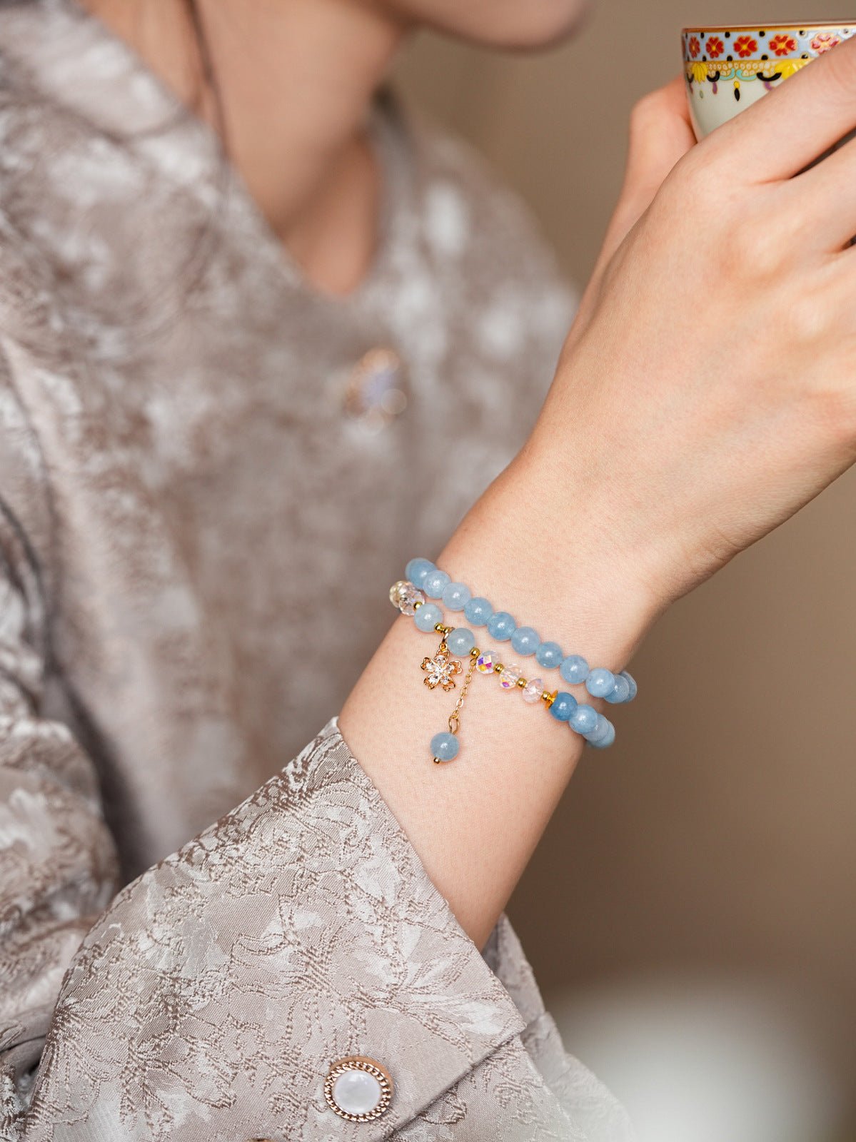 Serene Tide Aquamarine & Clear Crystal Bracelet Set - Lunaire Jewelry