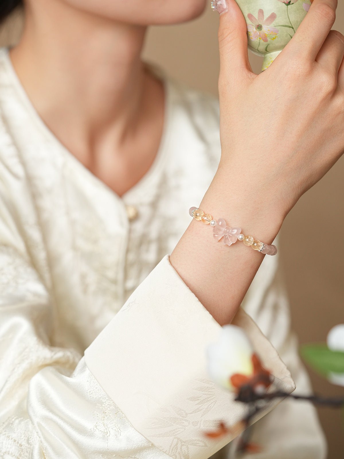 Sweet Bow White Agate & Rose Quartz Bracelet Set - Lunaire Jewelry