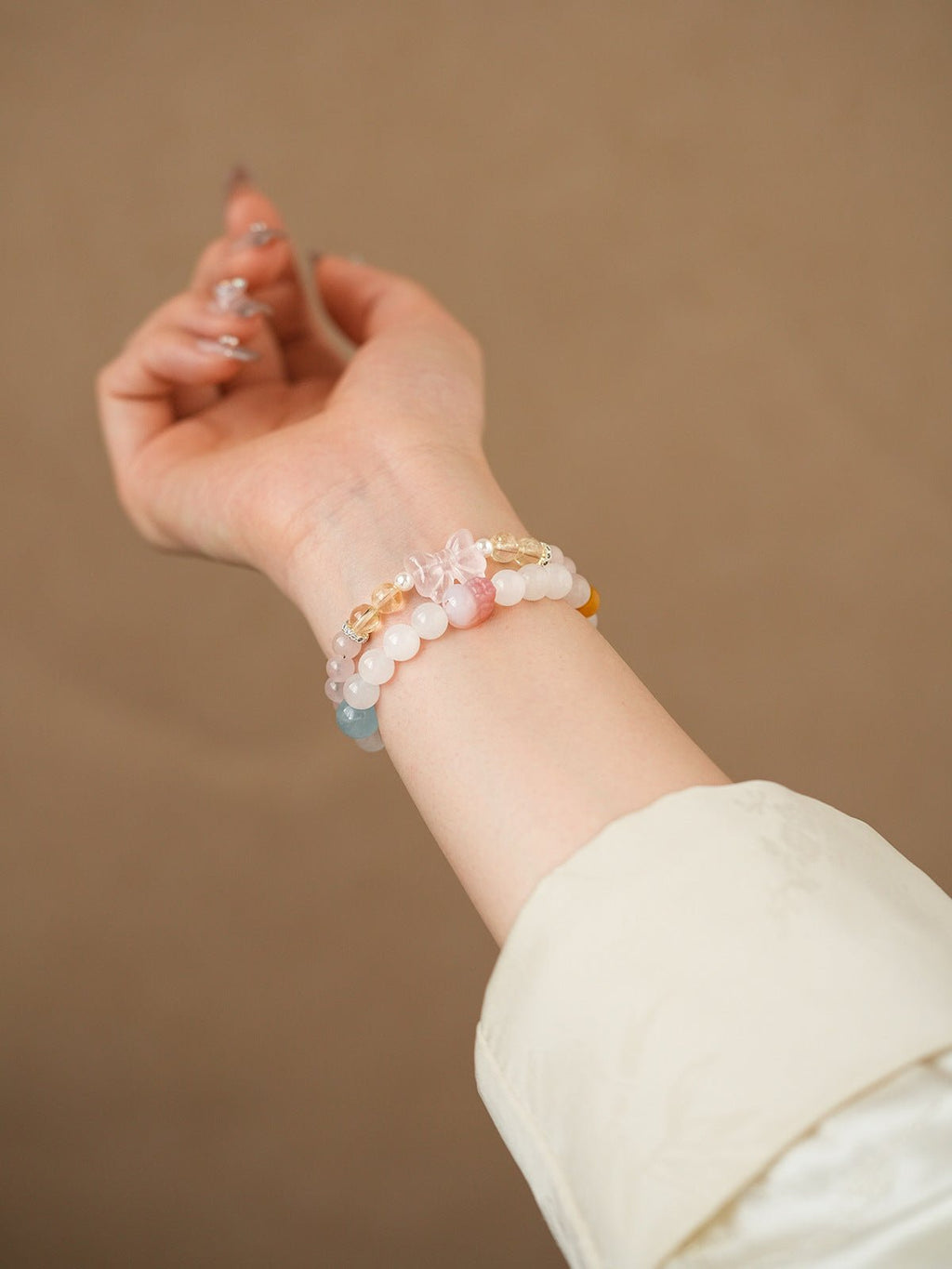 Sweet Bow White Agate & Rose Quartz Bracelet Set - Lunaire Jewelry