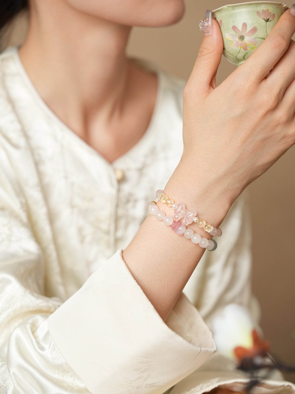 Sweet Bow White Agate & Rose Quartz Bracelet Set - Lunaire Jewelry
