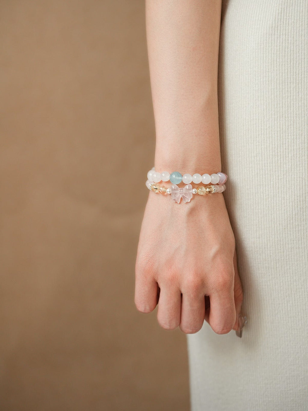 Sweet Bow White Agate & Rose Quartz Bracelet Set - Lunaire Jewelry