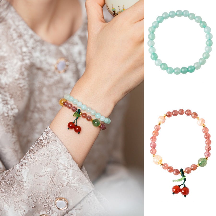 Sweet Strawberry Quartz & Green Jade Bracelet Set - Lunaire Jewelry