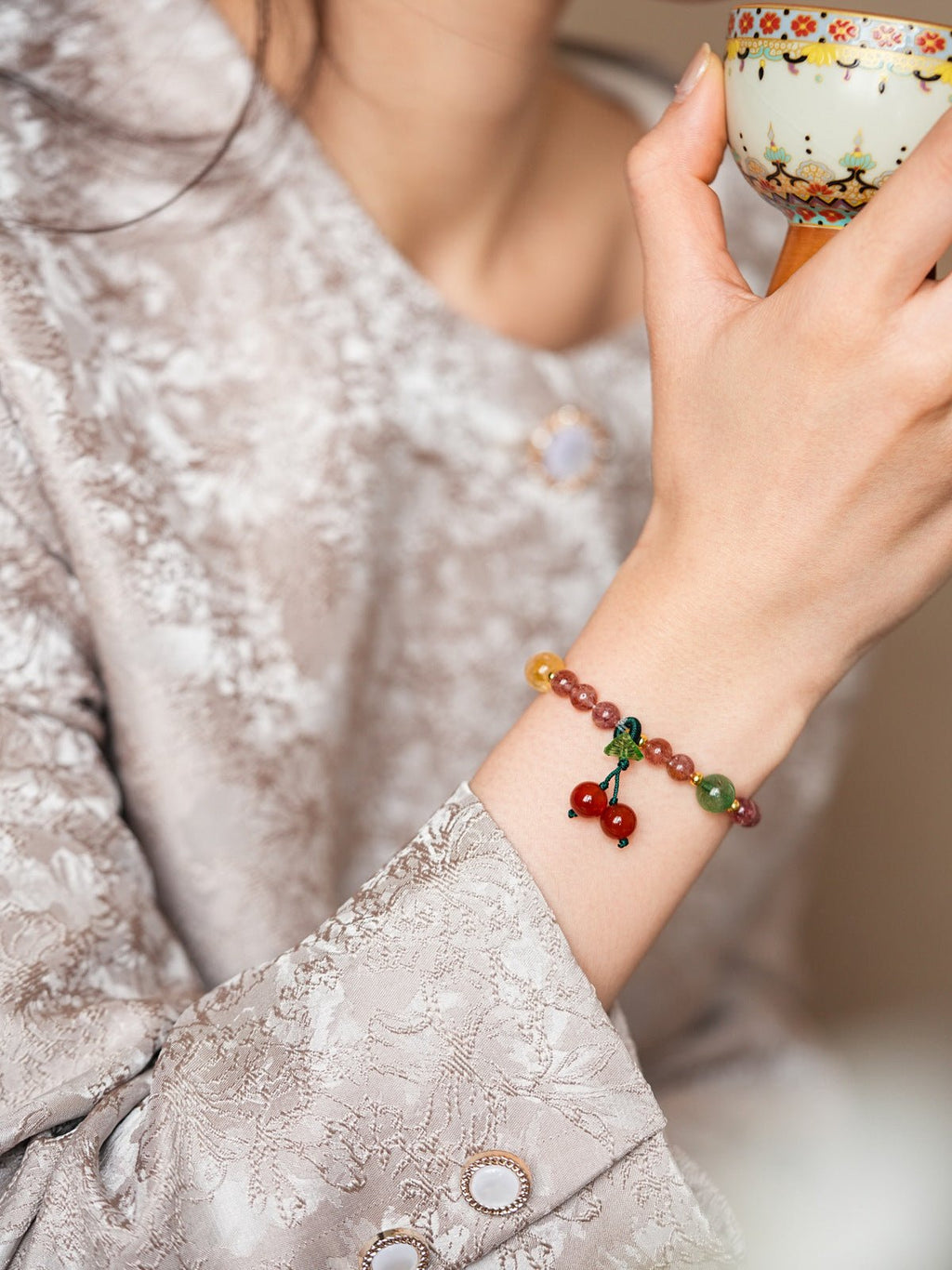 Sweet Strawberry Quartz & Green Jade Bracelet Set - Lunaire Jewelry